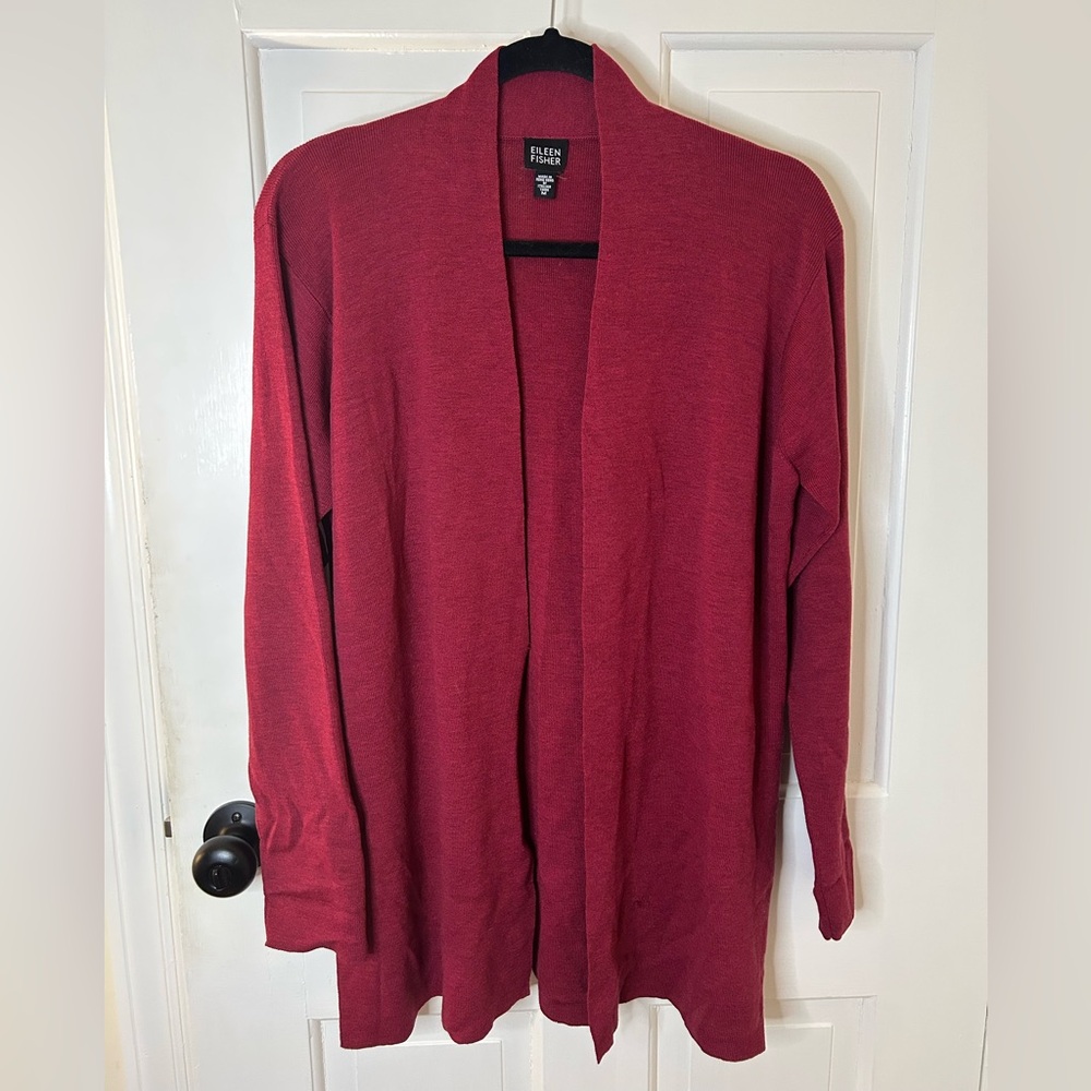 EILEEN FISHER DEEP RED 100% WOOL OPEN FRONT CARDIGAN SIZE MEDIUM